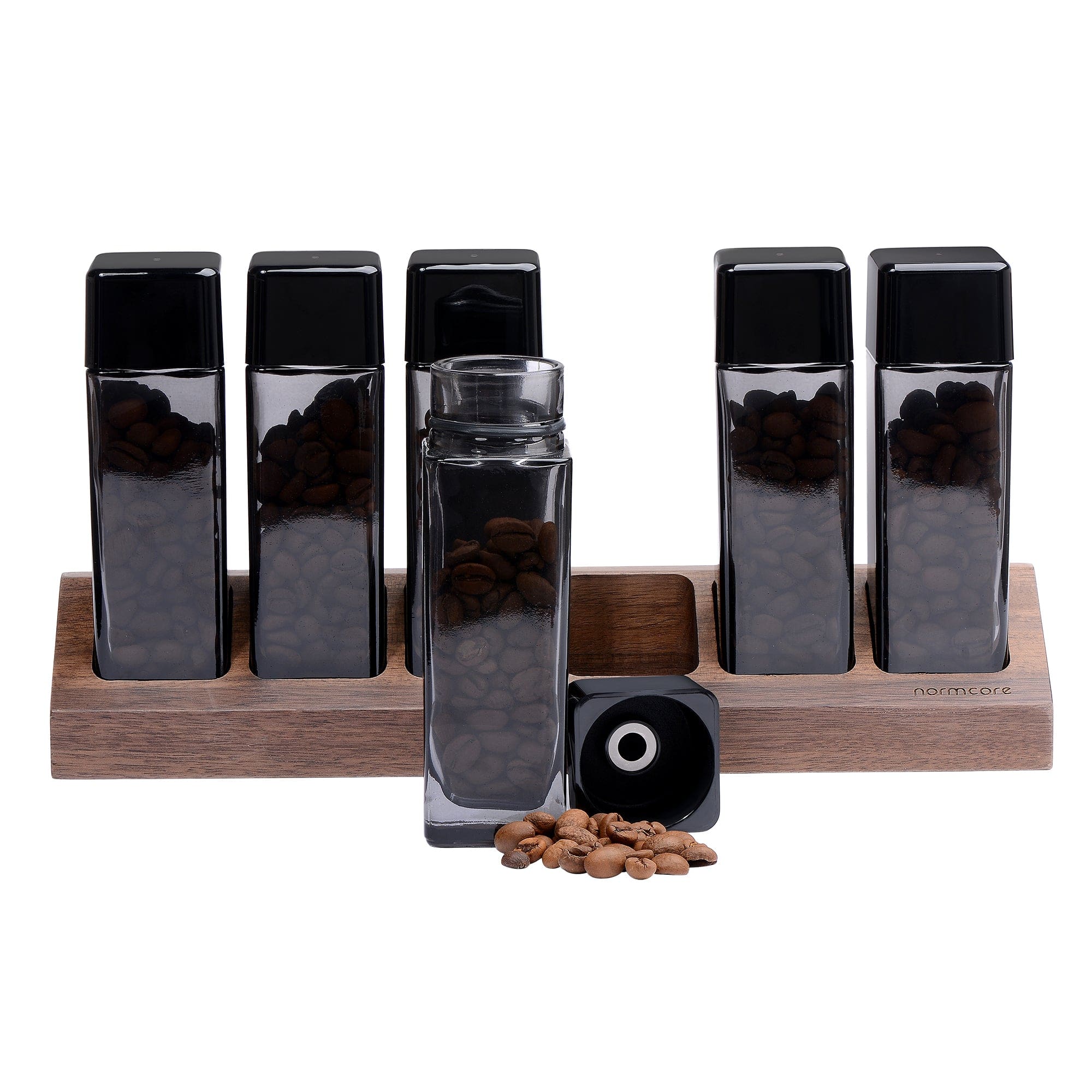 Normcore / 6 GLASS TUBES COFFEE BEAN CELLARS  WITH WALNUT STAND - Image 10