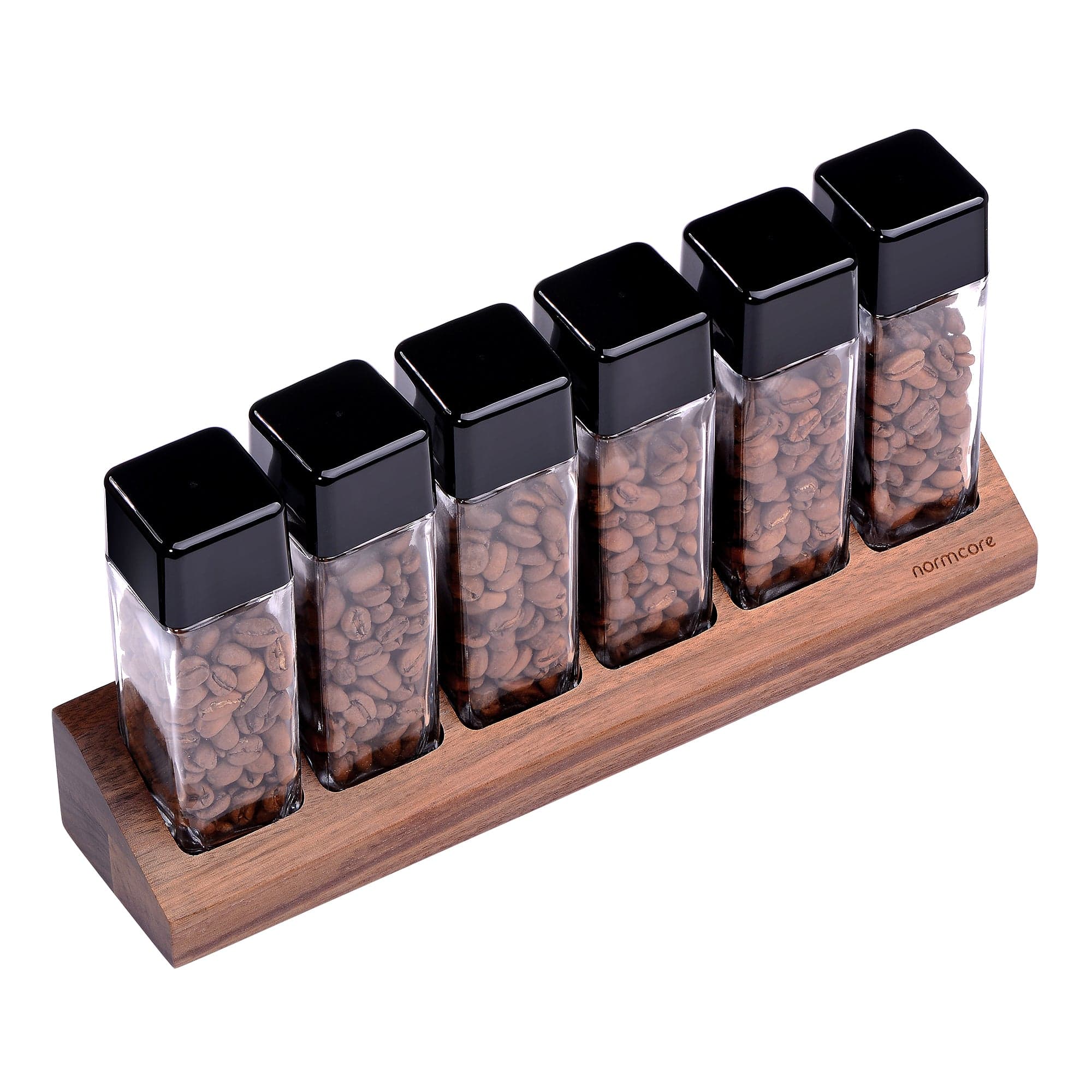 Normcore / 6 GLASS TUBES COFFEE BEAN CELLARS  WITH WALNUT STAND - Image 4
