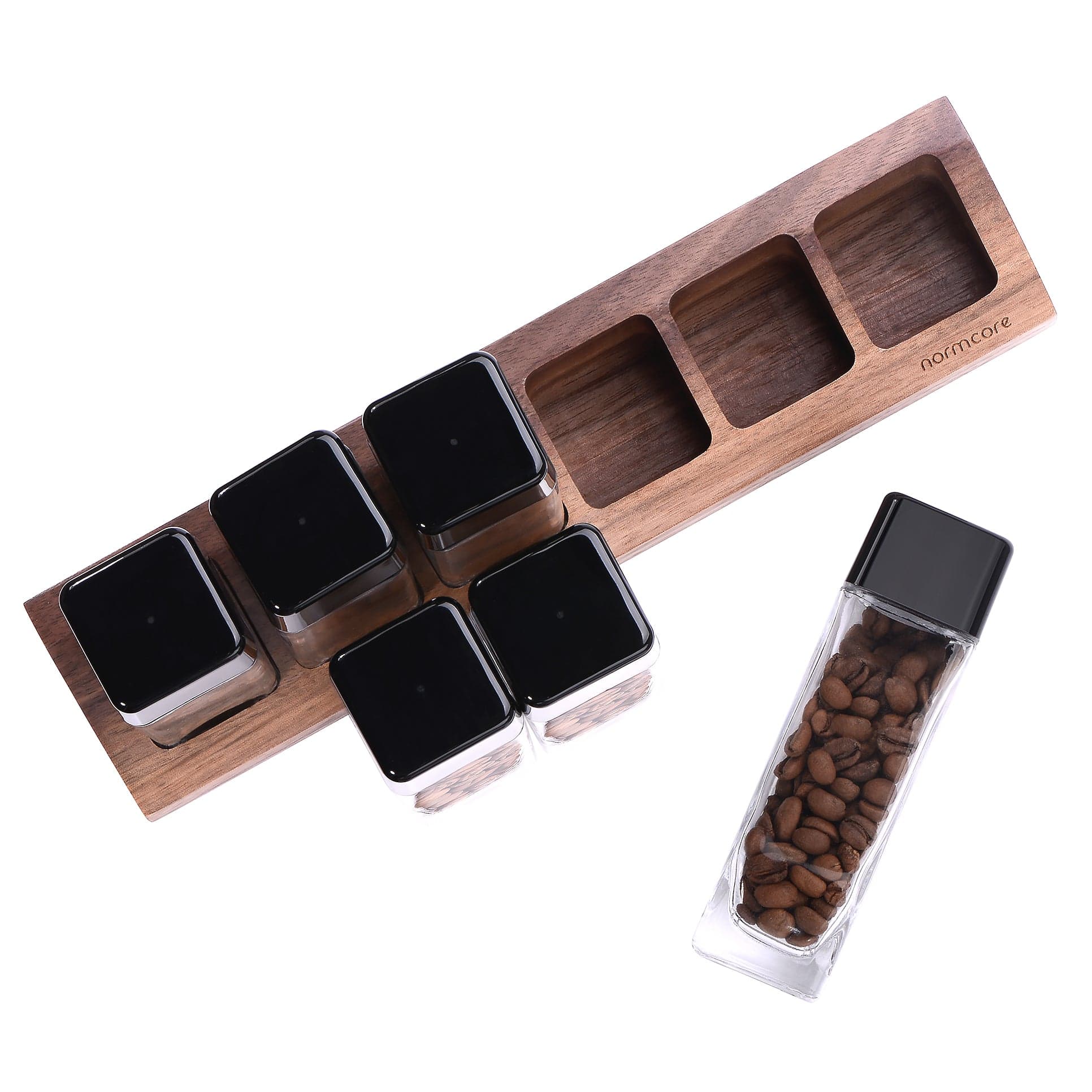 Normcore / 6 GLASS TUBES COFFEE BEAN CELLARS  WITH WALNUT STAND - Image 6